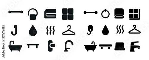 Collection of bathroom icons featuring bathtubs hangers faucets and accessories
