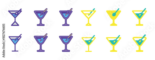 Colorful martini glass icons in purple and yellow variations with garnishes