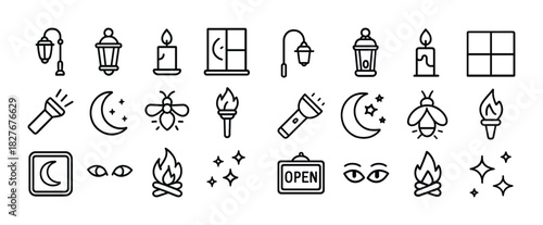 Minimalist black and white nighttime icons: lanterns, moons, fireflies, stars, torches