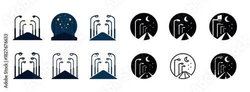 Minimalist urban nightscape icons depicting cityscapes and streetlights