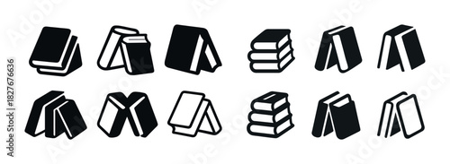 Set of 12 black and white book icons with various poses and arrangements