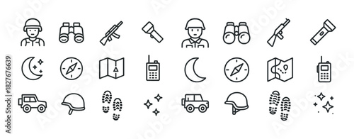 Military and exploration icon set: soldiers, equipment, and navigation symbols