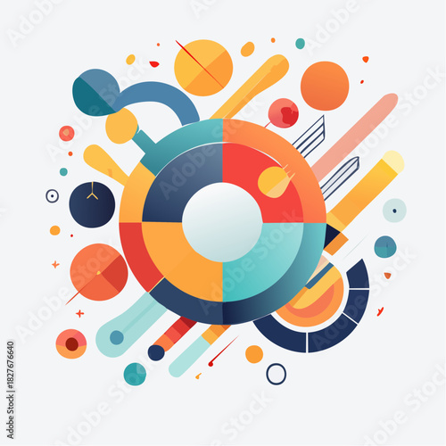 Abstract geometric composition with circles, lines, and shapes in a vibrant color palette