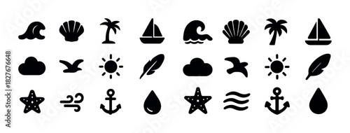 Set of nautical and beach icons: shells, waves, palm trees, boats, anchors, and more