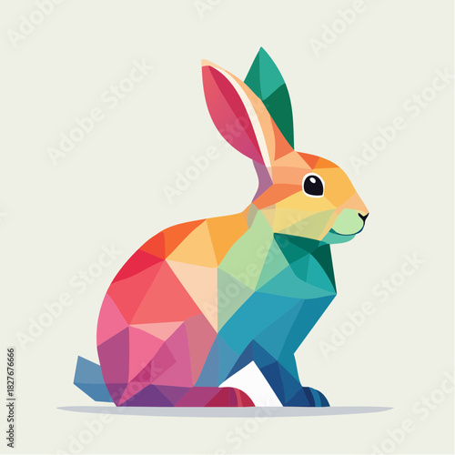 A vibrant rabbit illustrated in a modern low-poly style, featuring a rainbow spectrum of geometric shapes and colorful facets