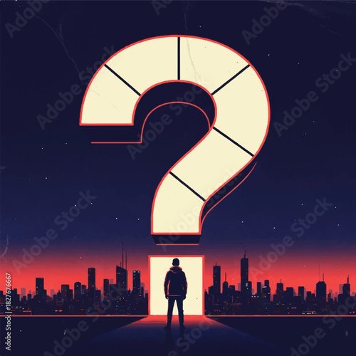 Conceptual illustration of a person facing a giant, glowing question mark over a city skyline, symbolizing an unknown future and big life decisions