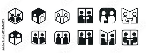 Business meeting icons set featuring people in office cubicles and conference rooms