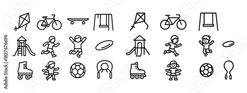 Black and white outline icons of children's outdoor play activities