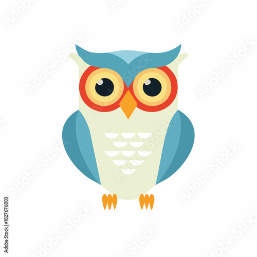Adorable cartoon owl with big orange eyes and blue feathers, a charming and wise nocturnal creature illustration, perfect for kids' designs and educational content