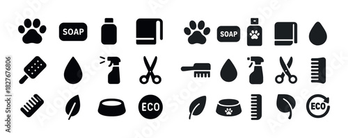 Pet grooming icons set: soap, scissors, spray, eco-friendly symbols