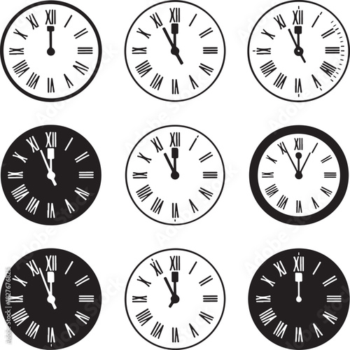 Collection of black and white clock faces showing different times
