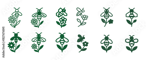 Green bee and flower icons set in minimalist style