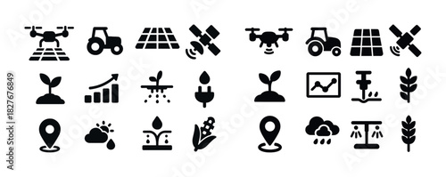 Agriculture icons set featuring drone, tractor, satellite, and plant elements