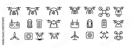 Drone icons set: quadcopters, controllers, propellers, batteries, rotors