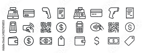 Retail icons: cash register, credit cards, barcodes, receipts, and wallets