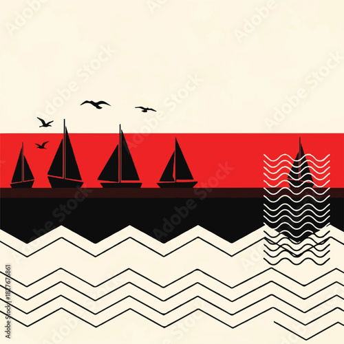 Sailing boats illustration on a minimalist background with waves and birds