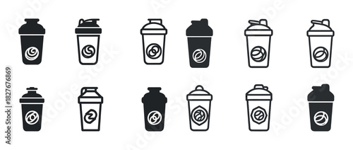 Collection of protein shaker bottle icons with various designs and lid styles