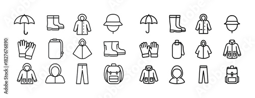 Black and white icons of rain gear and clothing accessories