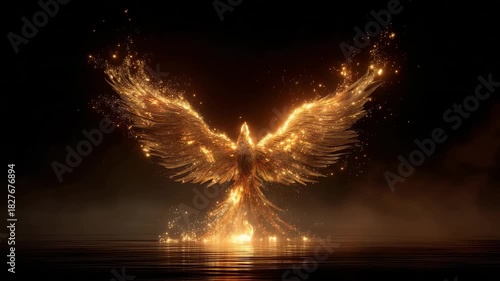 Fiery golden phoenix rising from dark water