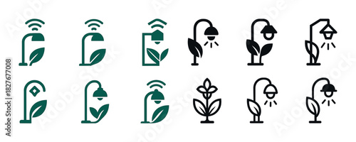 Set of eco-friendly smart lamp icons with leaf and flower designs