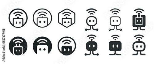 Set of wifi plug icon designs with robot faces and antennas
