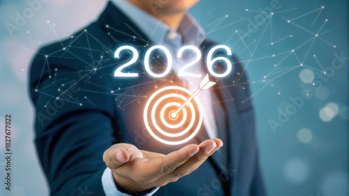 Businessman holding a glowing target and the year 2026