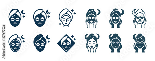 Spa and skincare icon set featuring female faces with towels and facial masks