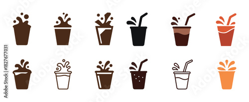 Assorted beverage icons set featuring splashing drinks with straws