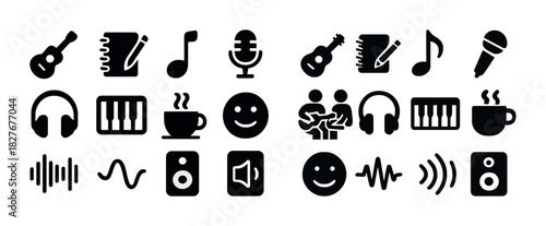 Black music icons set: instruments, notes, faces, microphone, sound waves
