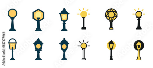 Variety of street lamp designs in minimalist style on white background