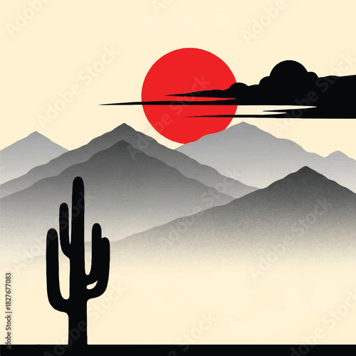 Minimalist desert landscape illustration capturing a vibrant red sun ascending or descending behind atmospheric layered mountains, with a solitary saguaro cactus silhouette anchoring the foreground