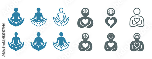 Meditation and mindfulness icons set featuring heart and brain symbols