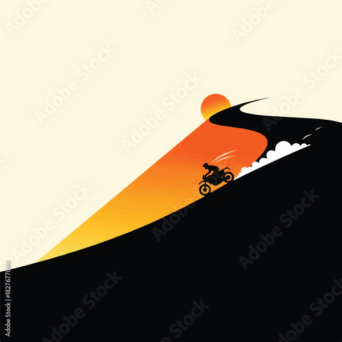 Motorcyclist riding on a winding road at sunset with a dramatic sunburst effect and stylized landscape