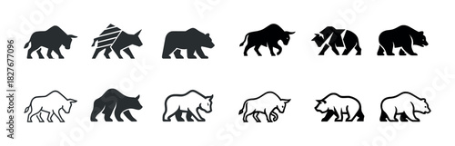 Black and white bull and bear silhouettes illustrating market trends