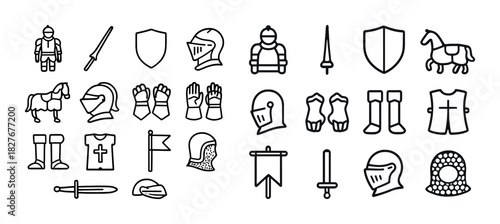 Medieval knights and armor line art icons set