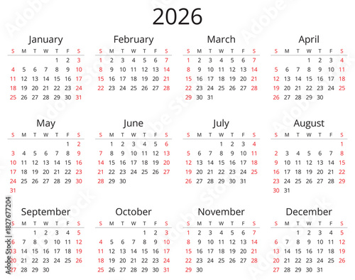 2026 year simple calendar. English design (week sunday)