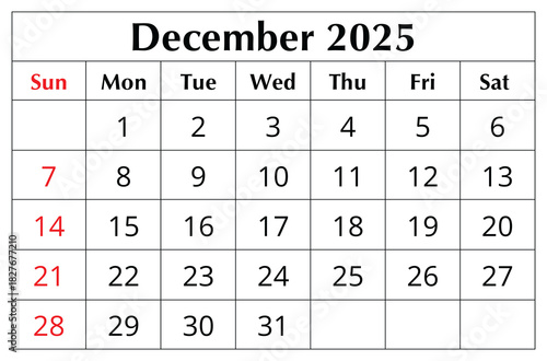 December 2025 ENGLISH month calendar. png transparent illustration
