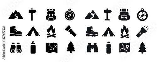 Outdoor adventure icons: camping, hiking, backpacking, navigation, exploration