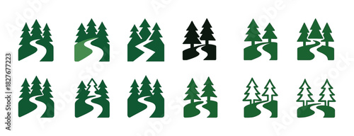 Nature trail logo set with stylized trees and paths