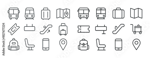 Travel icons: transportation, luggage, maps, seats, phones
