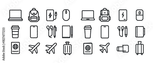Travel essentials icons: laptop, backpack, passport, airplane, luggage, coffee, earbuds