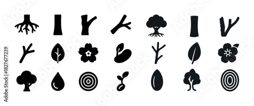 Tree and plant icons set - roots, trunks, branches, leaves, flowers, seeds