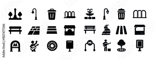 Urban city icons set: trash cans, benches, street lamps, metro signs, musicians, trees