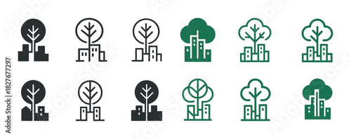 Urban nature icons: cityscapes and trees in various styles and colors