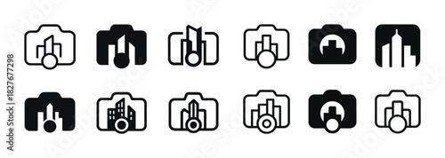 Black and white camera icons with cityscape elements