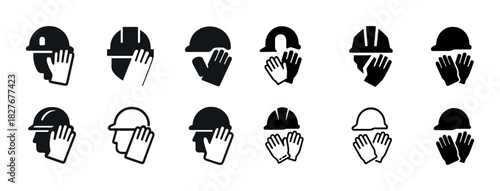 Collection of safety helmet and glove icons in black and white