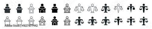 Minimalist legal icon set: scales and courtroom symbols in simple black and white design