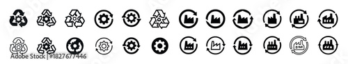Recycling and industry icon set: gear, factory, circle symbols in black and white