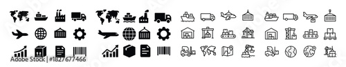 Logistics and transportation icons: trucks, ships, planes, warehouses, global trade elements