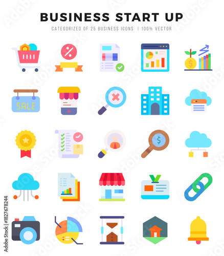 Collection of Business Start Up 25 Flat Icons Pack.